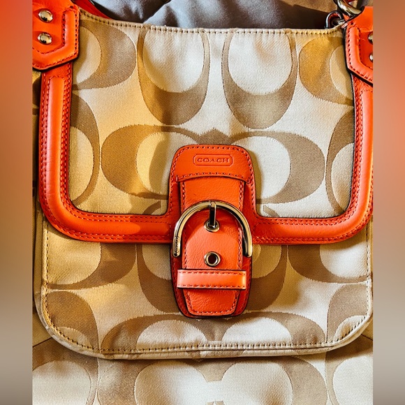 Medium coral and tan Coach bag. Used for 1 night. Basically new! Serial number - Picture 4 of 10